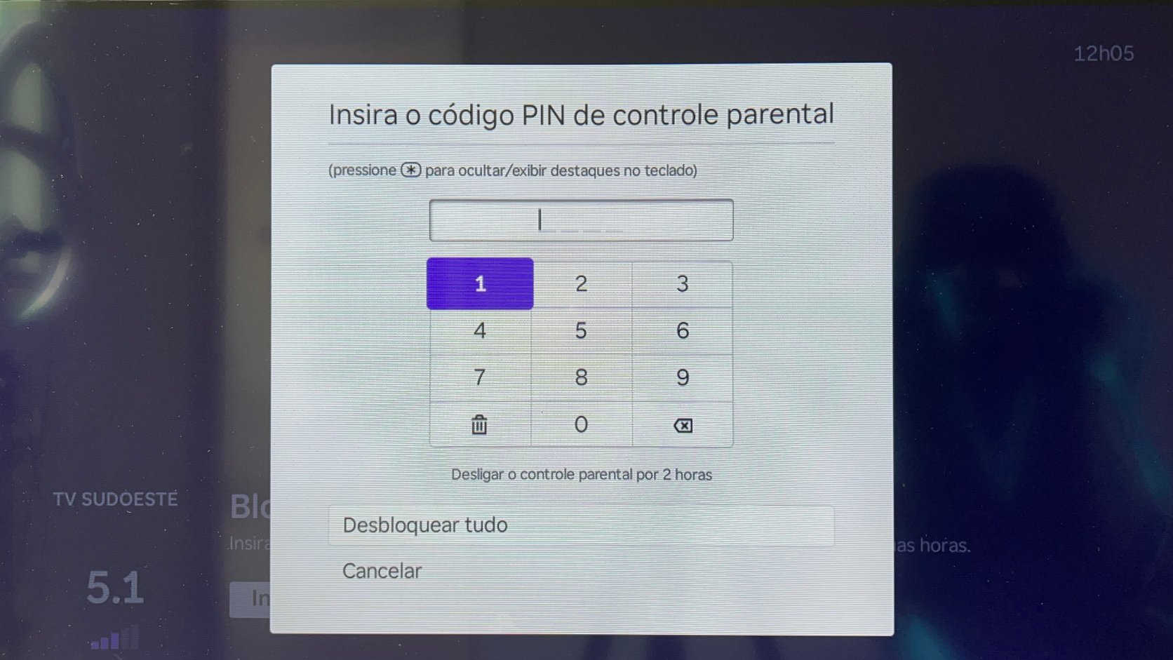 Tela solicitando PIN de acesso em aplicativo bloqueado na Smart TV