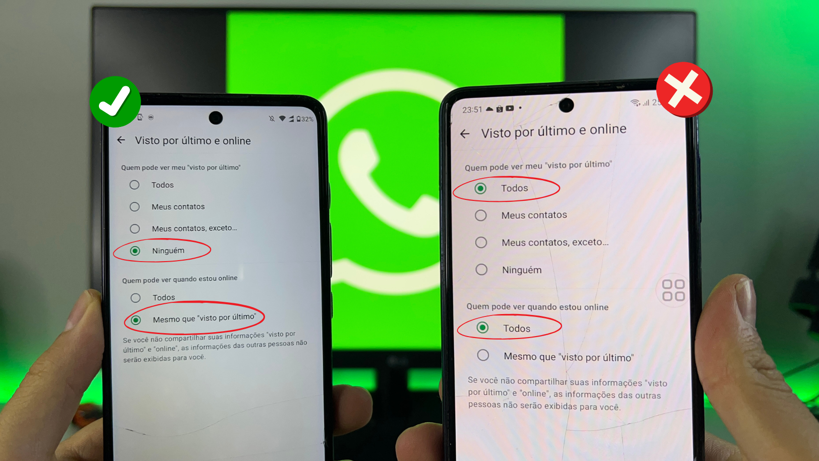 Comparação entre a configuração padrão e a configuração correta para ocultar o status online no WhatsApp