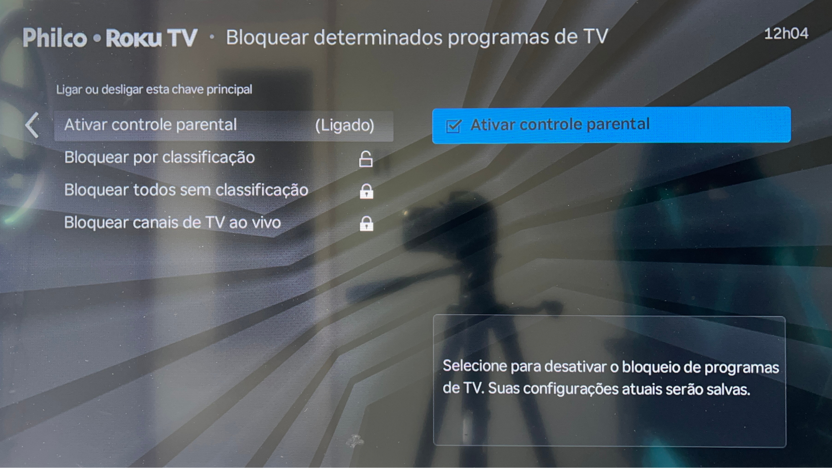 Menu de segurança da Smart TV com bloqueio de aplicativos