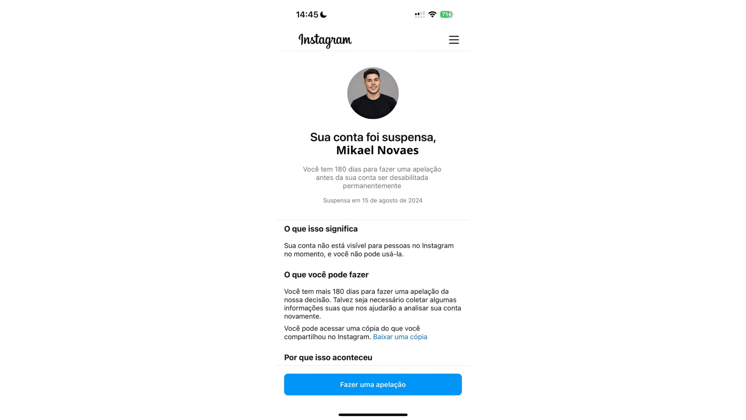 Aviso de conta suspensa com opção para contestar a decisão e solicitar revisão