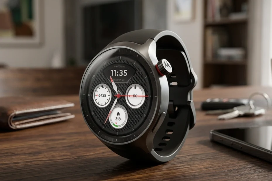 Imagem de capa do artigo sobre o lançamento do smartwatch Moto Watch 2026 com análise de design, bateria e limitações do sistema operacional.