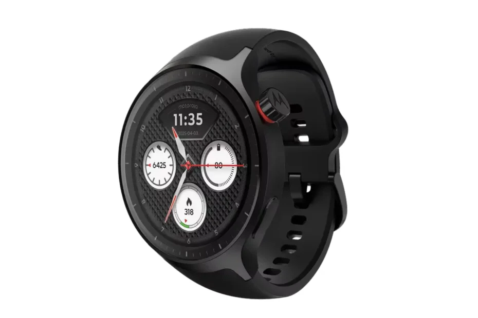 Relógio inteligente Moto Watch 2026 com acabamento em aço inoxidável no pulso