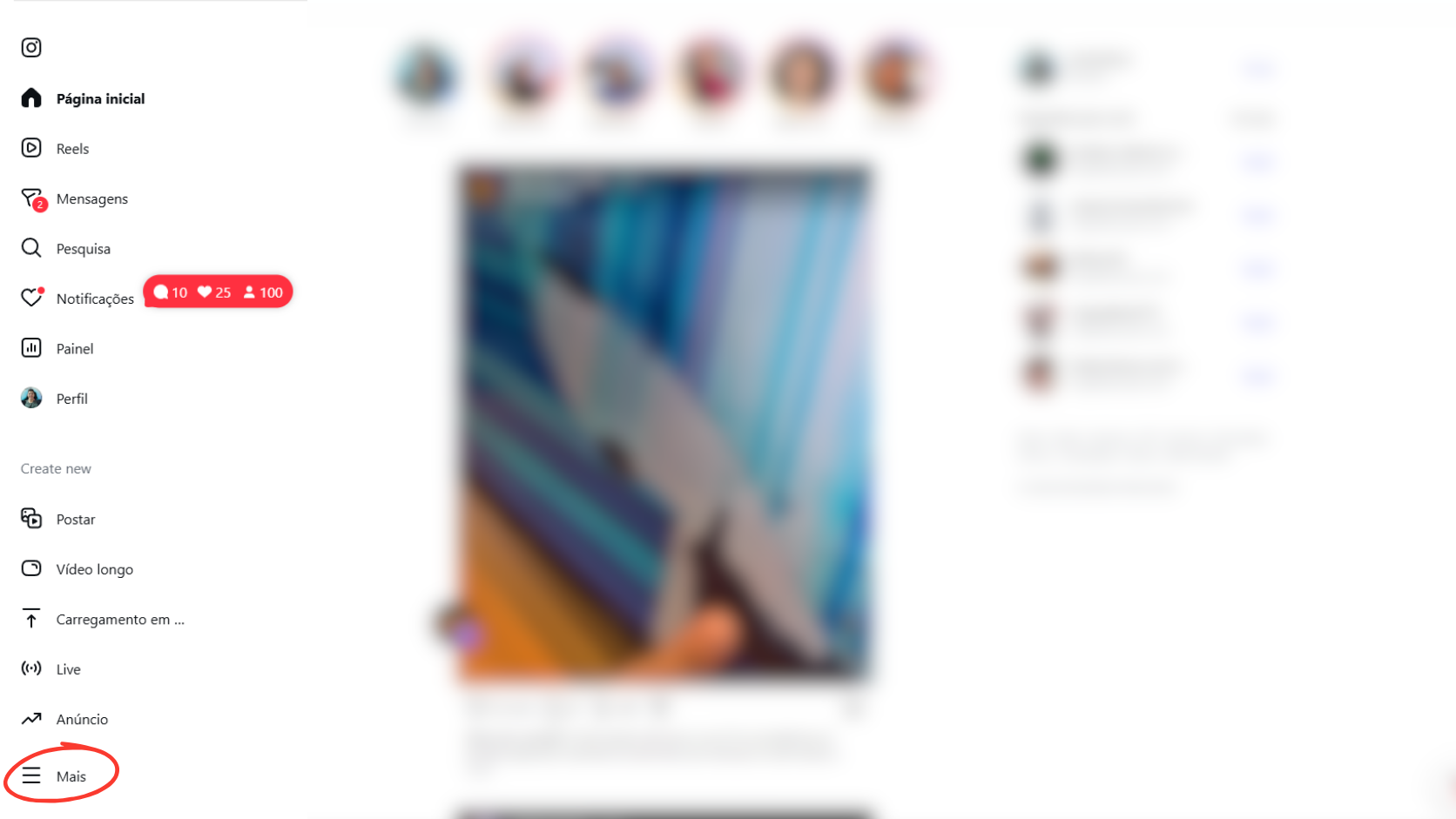 Menu lateral esquerdo do Instagram no notebook destacando o botão de três traços Mais.