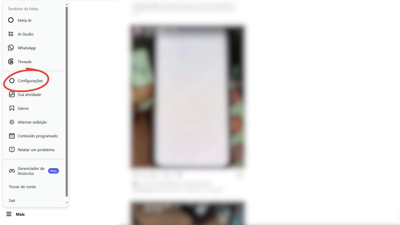 Opção Configurações selecionada no menu pop-up do Instagram Web.
