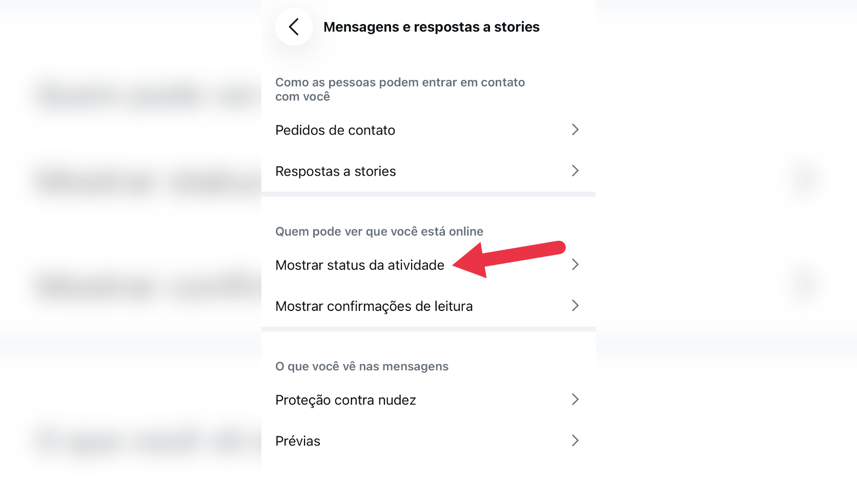 Configurações de mensagens do Instagram no celular mostrando a opção Mostrar status da atividade.