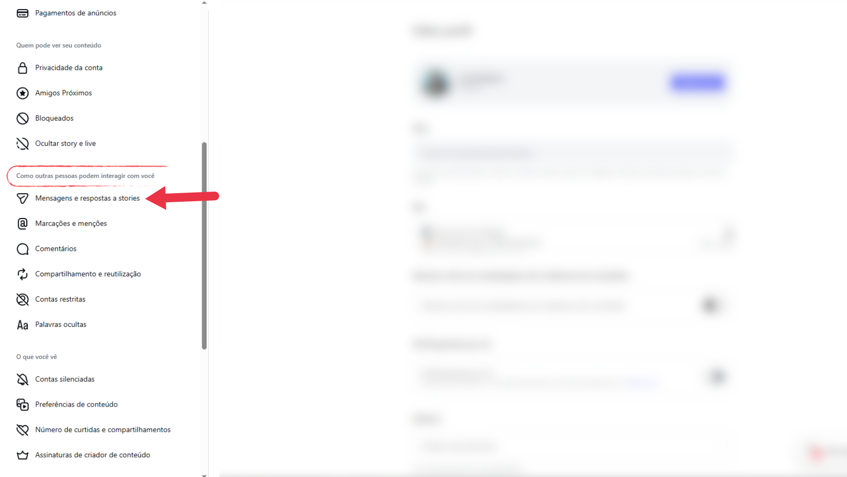 Painel de configurações do Instagram no notebook mostrando a seção Como outras pessoas podem interagir com você.