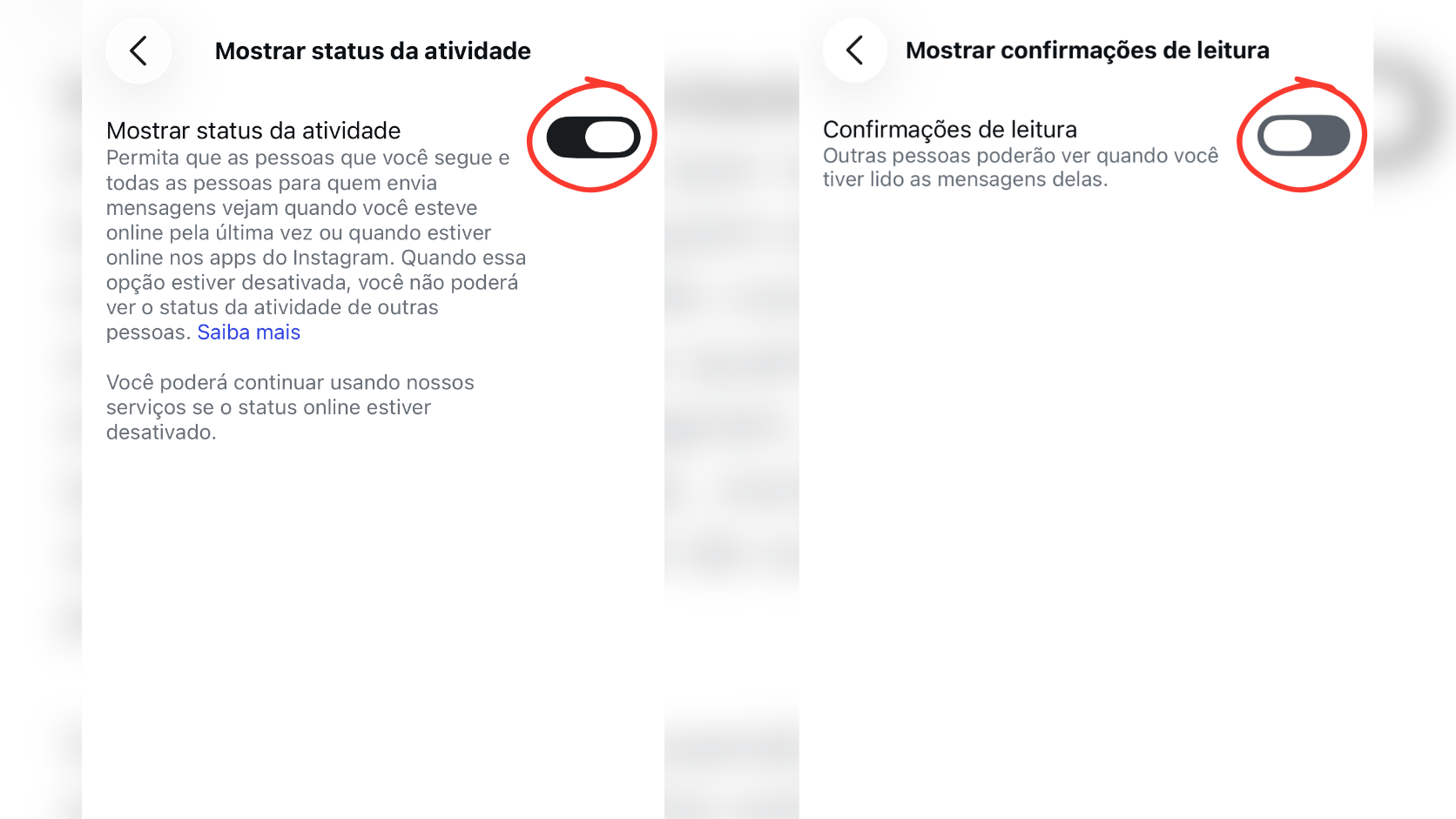 Tela de configuração do Instagram no celular com a chave seletora de mostrar status da atividade desativada.