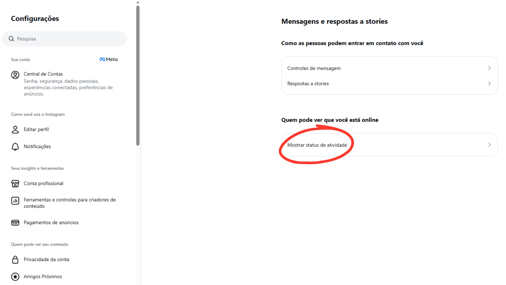 Opção Mensagens e respostas a stories destacada nas configurações do Instagram Web.