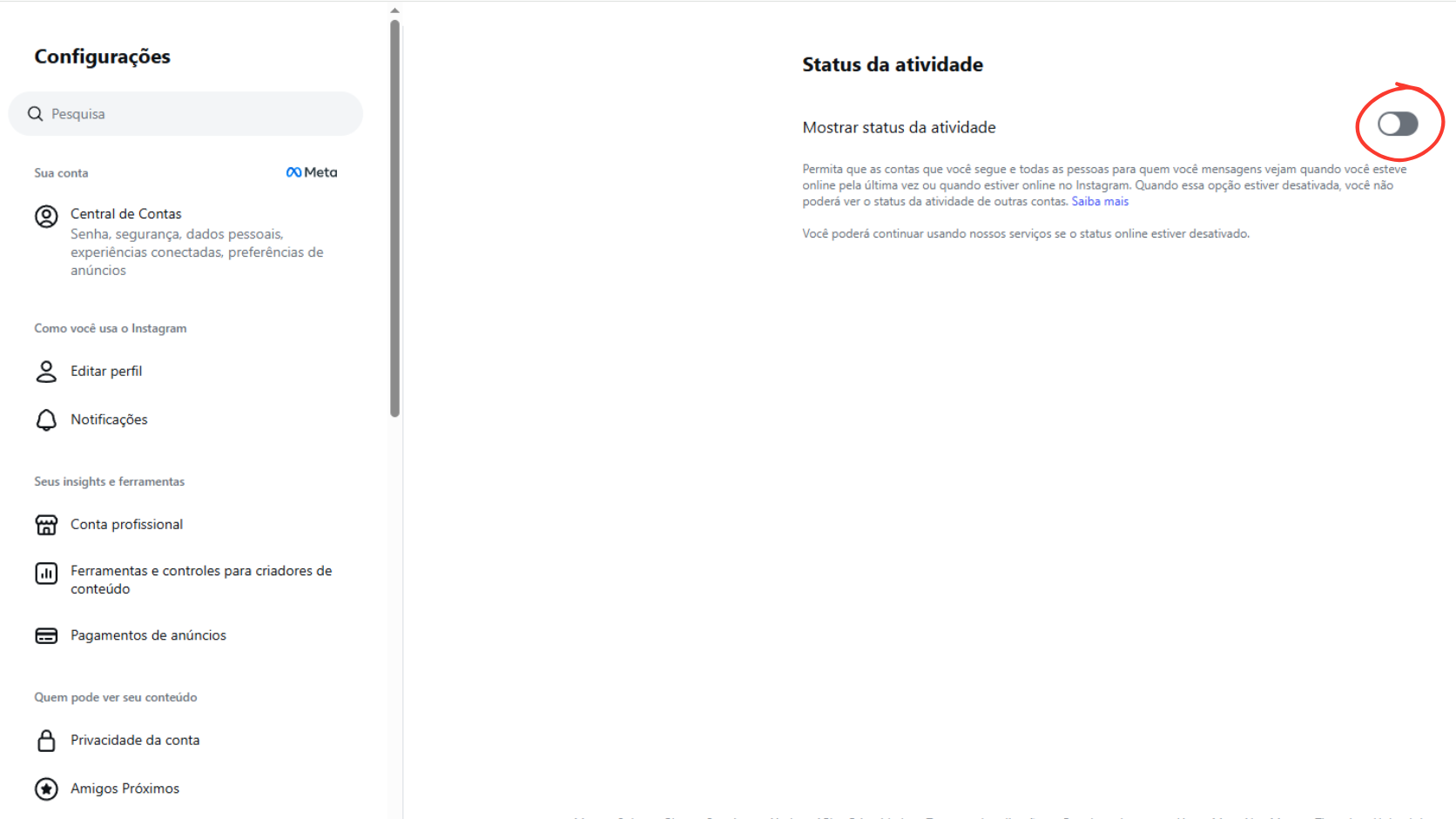 Tela final das configurações do Instagram no notebook mostrando a chave de status de atividade desmarcada.