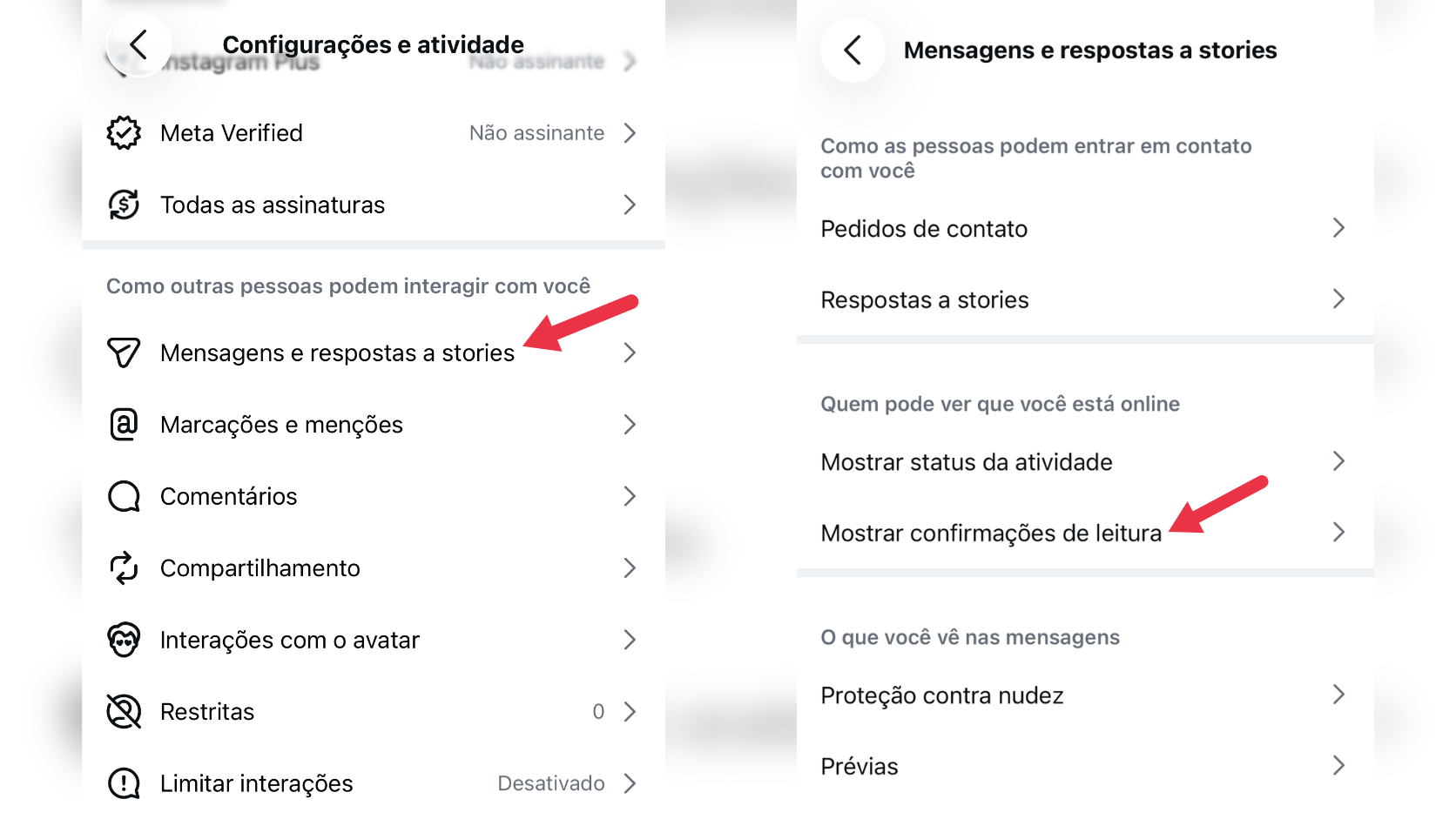 Menu de configurações do Direct mostrando a opção Mostrar confirmações de leitura.