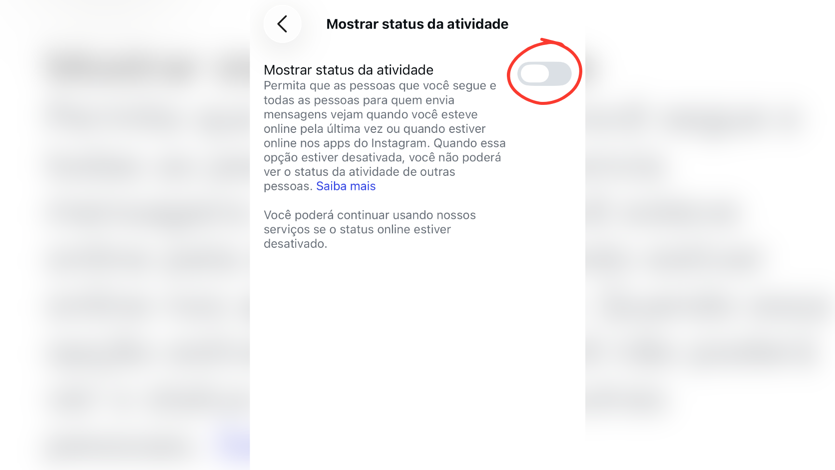 Tela de confirmação de leitura do Instagram com a chave seletora desligada.
