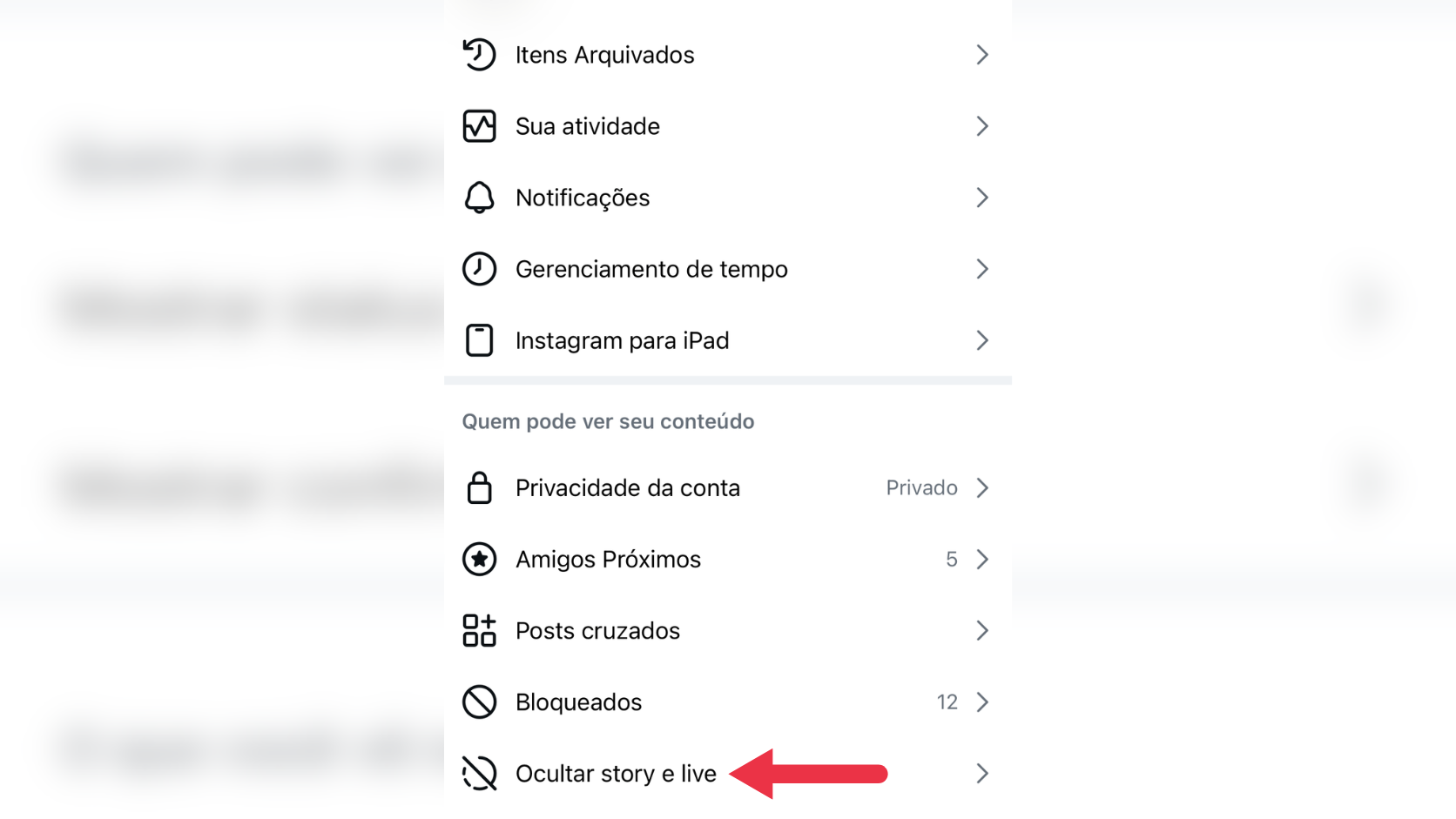 Menu de privacidade de stories do Instagram mostrando a opção Ocultar story de.