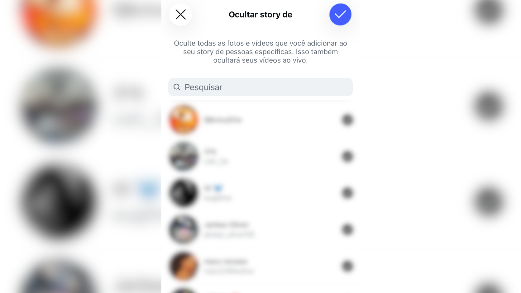 Lista de contatos do Instagram com as caixas de seleção marcadas para ocultar publicações dos Stories.