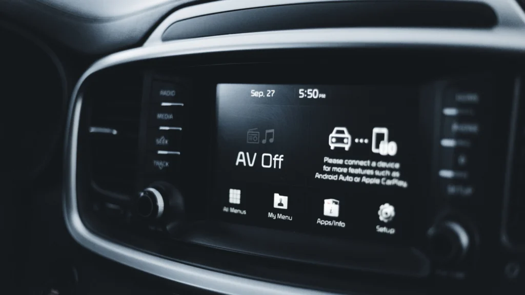 Central multimídia de carro alugado exibindo tela de conexão Bluetooth e espelhamento.
