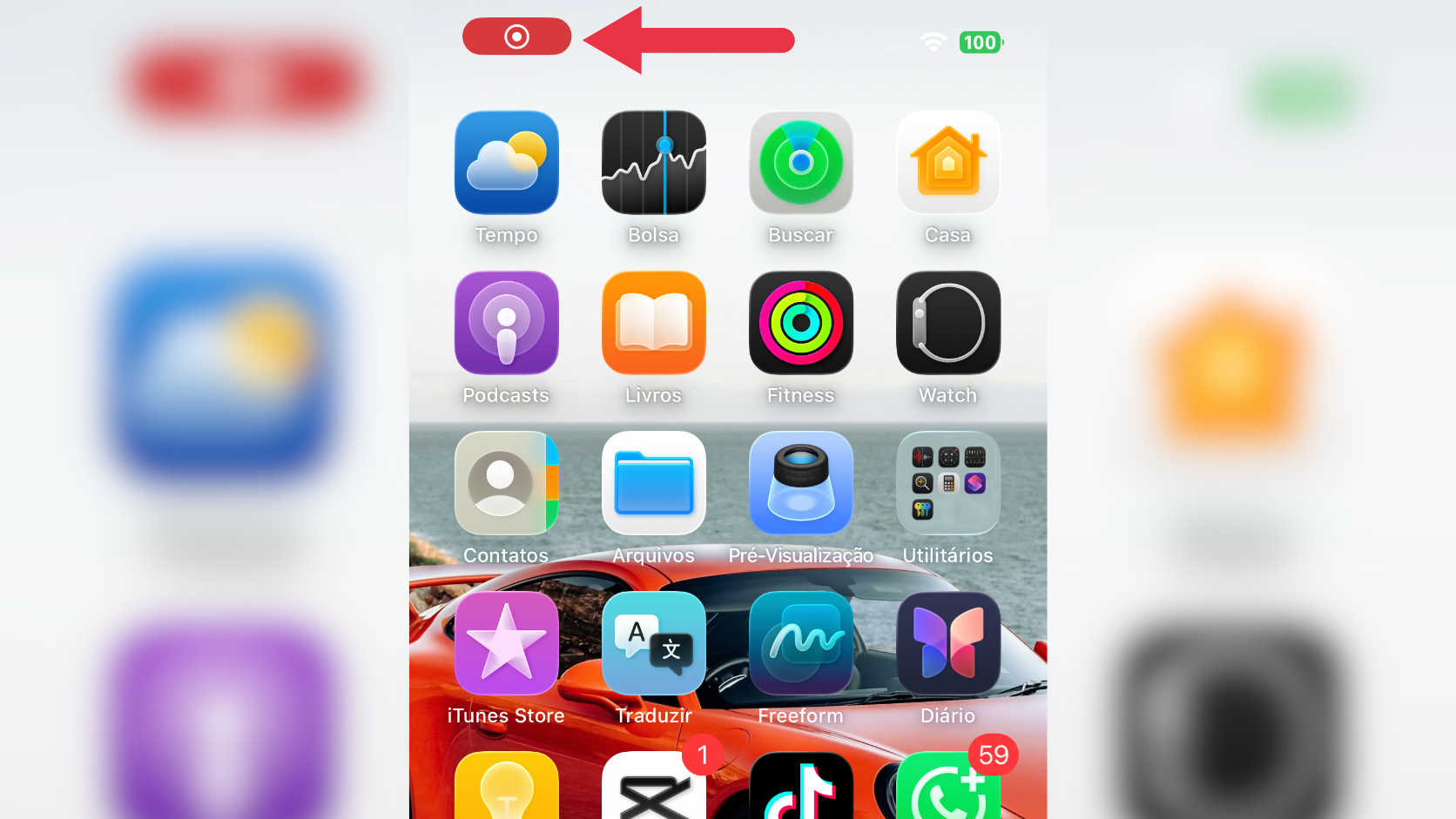 Indicador vermelho de gravacao de tela ativa no iPhone