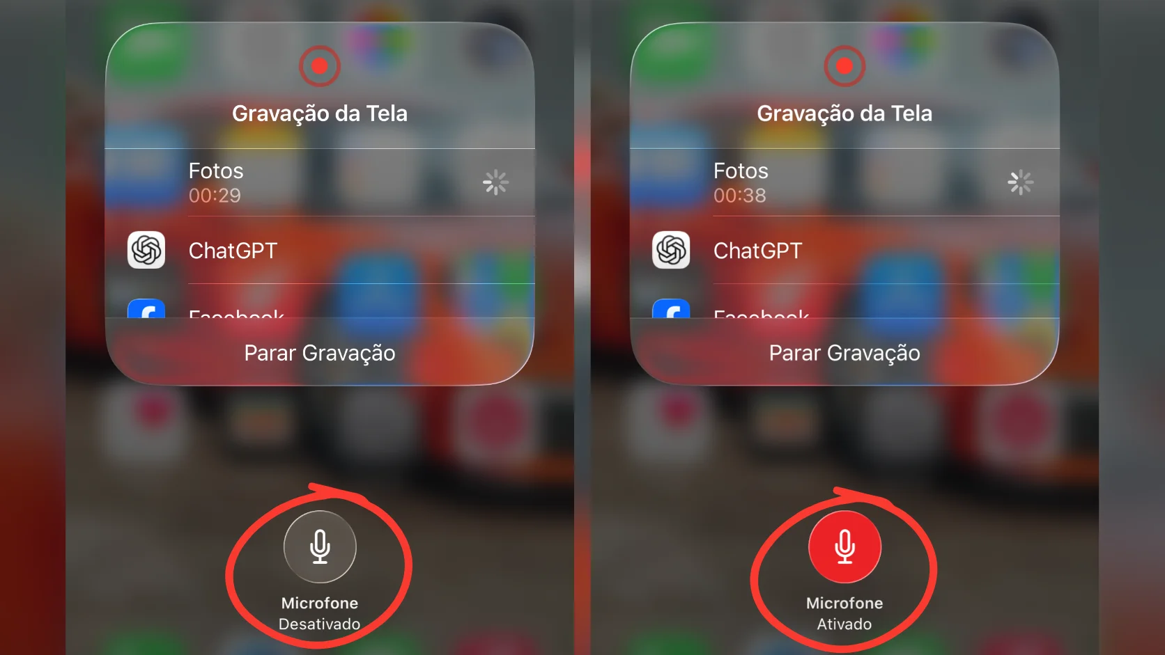 Icone do microfone ativado para narrar gravacao de tela no iPhone