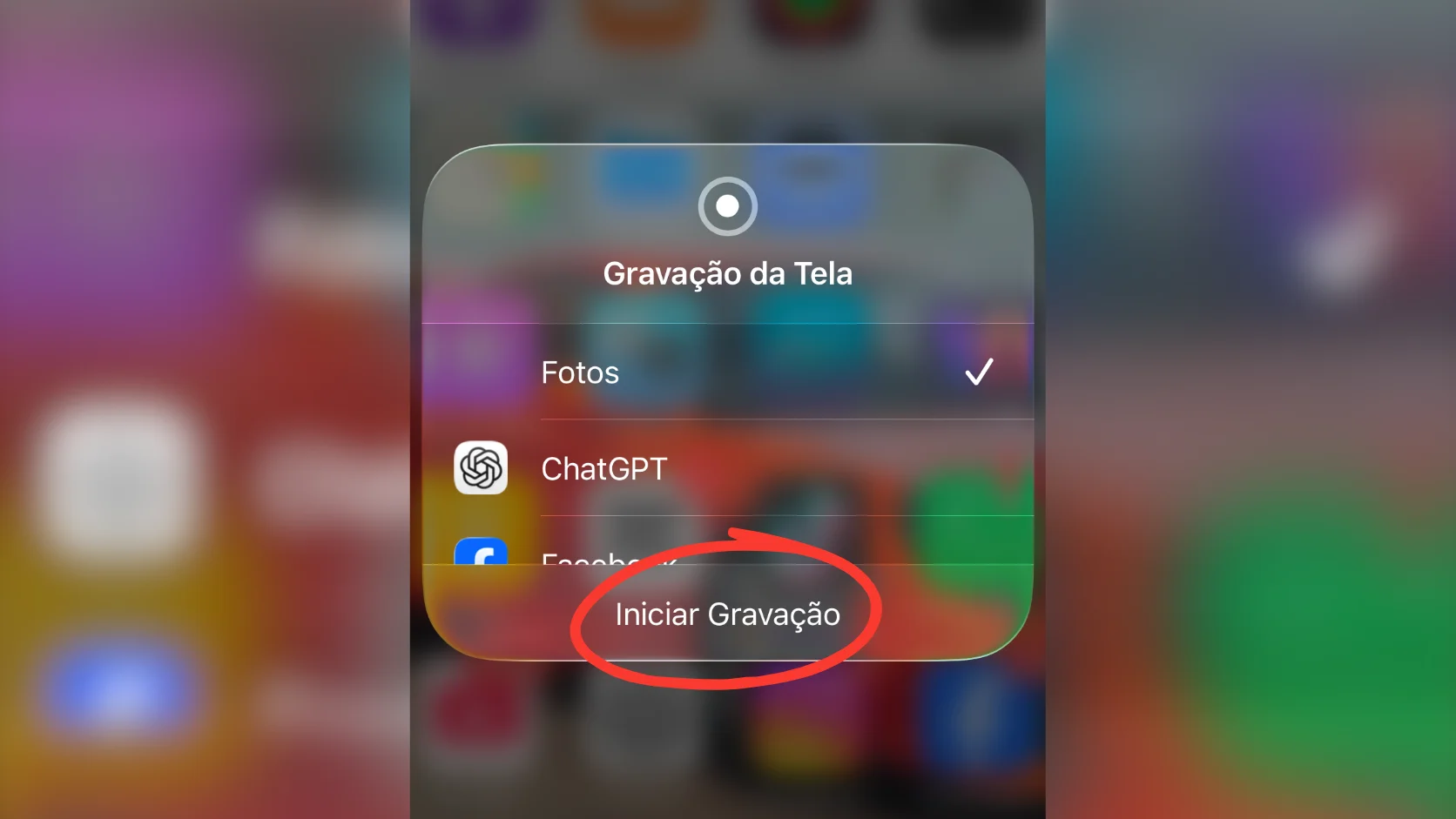 Iniciando a gravacao de tela do iPhone com som do microfone