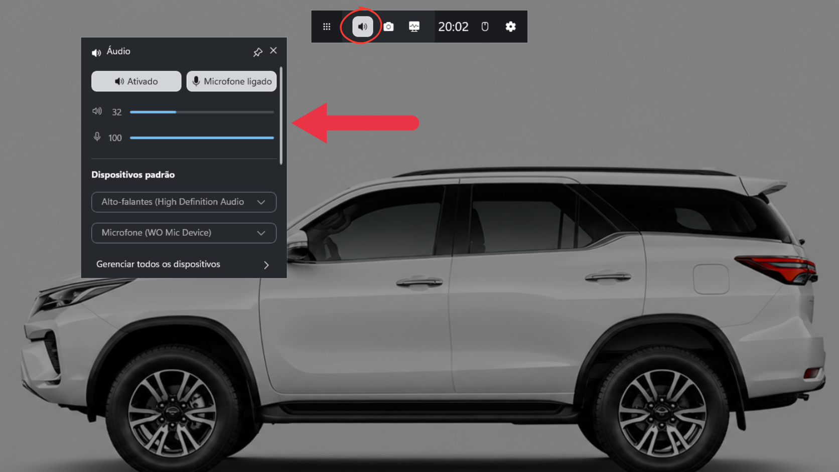 Painel de configuração de áudio e microfone antes de iniciar a gravação.