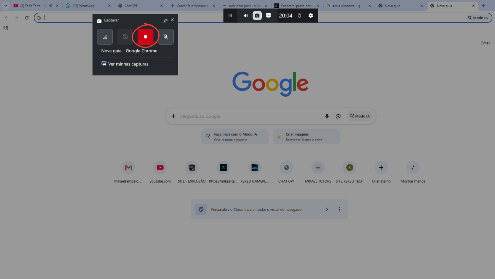 Botão de iniciar gravação ativo na interface da captura de tela.