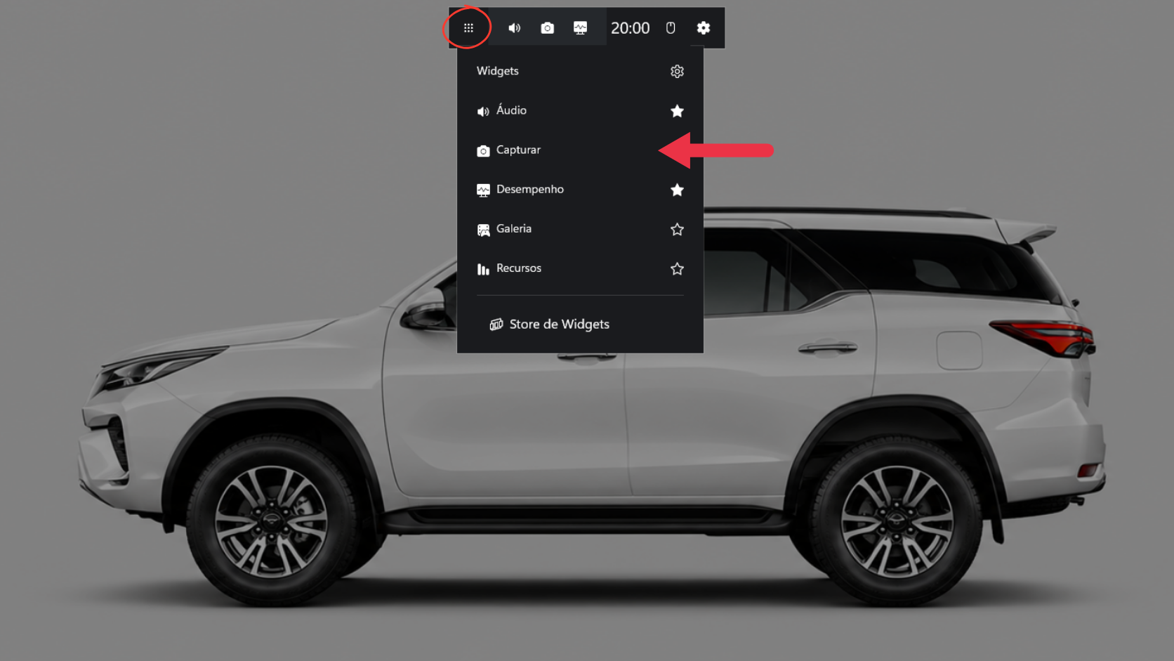 Localização do widget de captura no menu superior da barra de jogos.