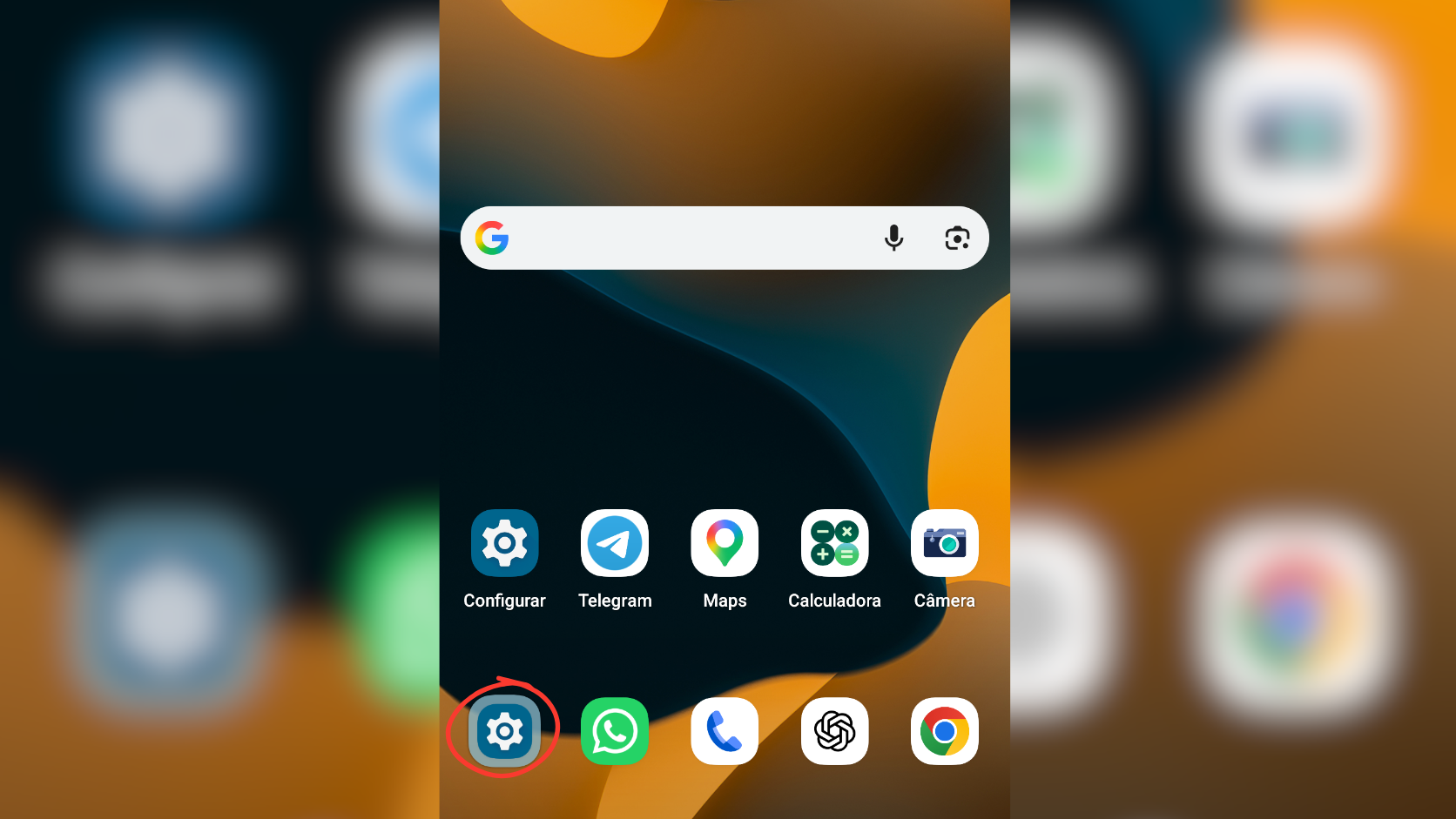 Tela inicial de configurações do celular Android mostrando o menu de acesso rápido