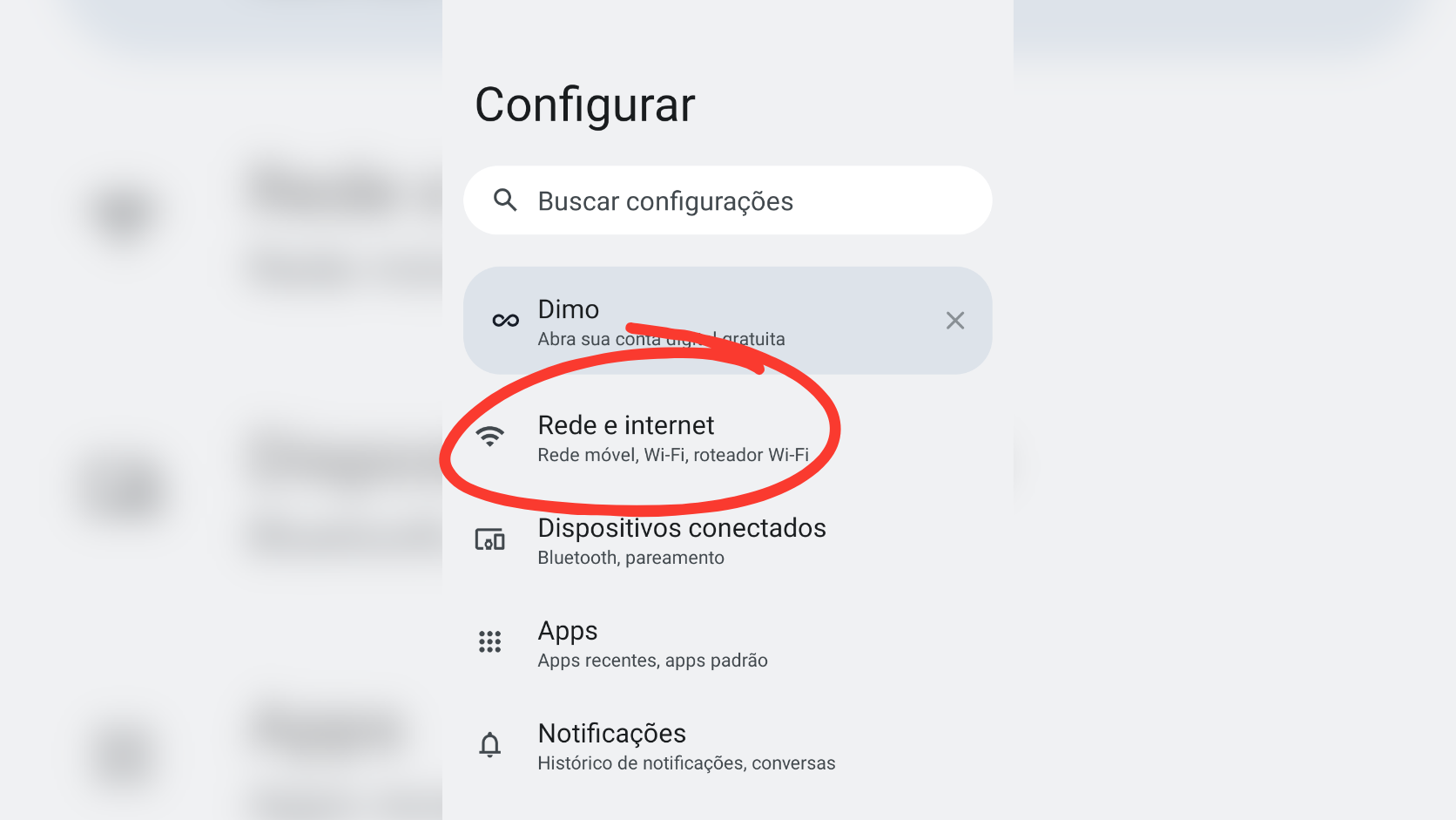 Menu de conexões e rede e internet nas configurações do smartphone Android