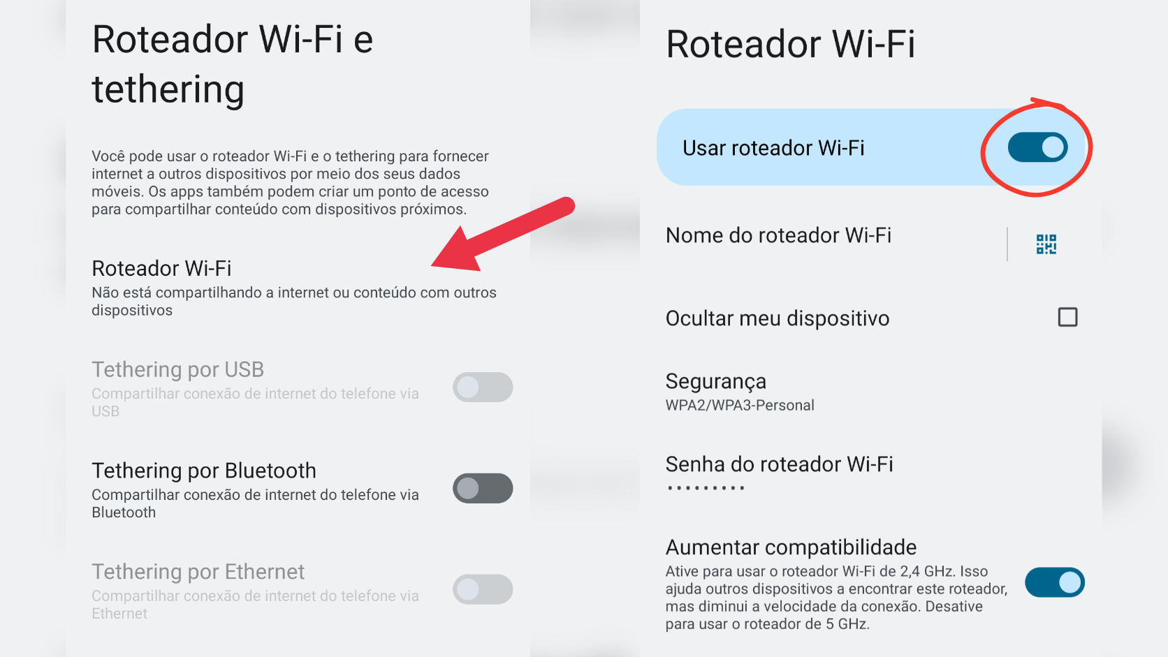 Chave de ativação do roteador Wi-Fi ligada na tela do celular Android