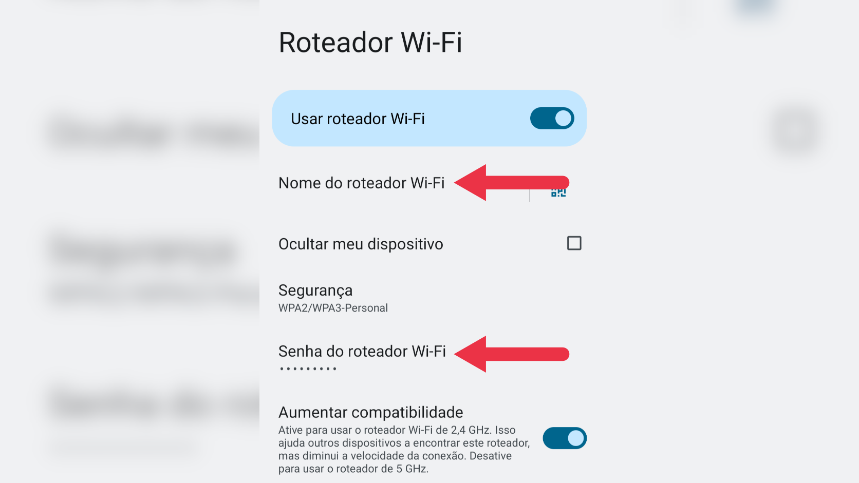 Configuração de nome da rede Wi-Fi e senha para compartilhamento de internet