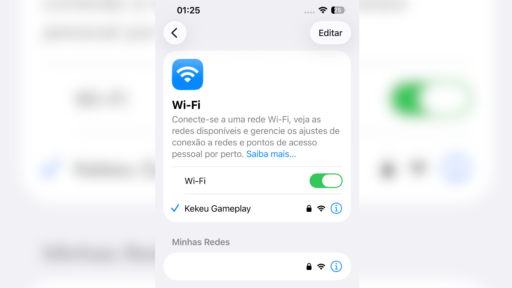 Lista de redes Wi-Fi disponíveis em outro celular para conectar à internet roteada