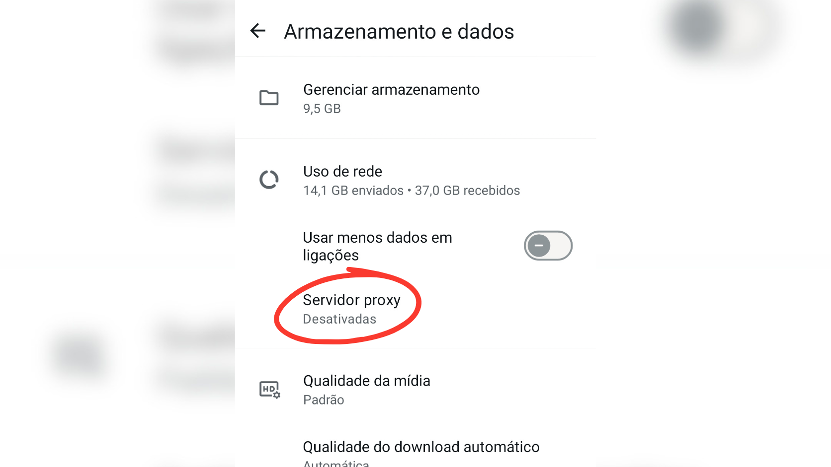 Opção de Servidor Proxy nas configurações do WhatsApp